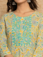Yufta Mustard Thread_Work Cotton Anarkali Kurta And Trousers With Dupatta Set | Grocsy