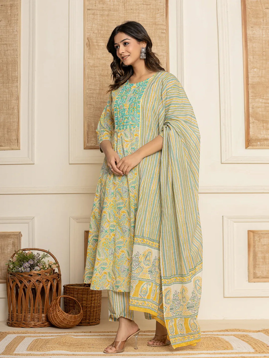 Yufta Mustard Thread_Work Cotton Anarkali Kurta And Trousers With Dupatta Set | Grocsy