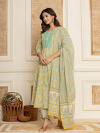 Yufta Mustard Thread_Work Cotton Anarkali Kurta And Trousers With Dupatta Set | Grocsy