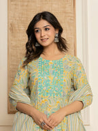 Yufta Mustard Thread_Work Cotton Anarkali Kurta And Trousers With Dupatta Set | Grocsy
