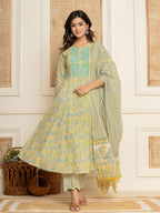 Yufta Mustard Thread_Work Cotton Anarkali Kurta And Trousers With Dupatta Set | Grocsy