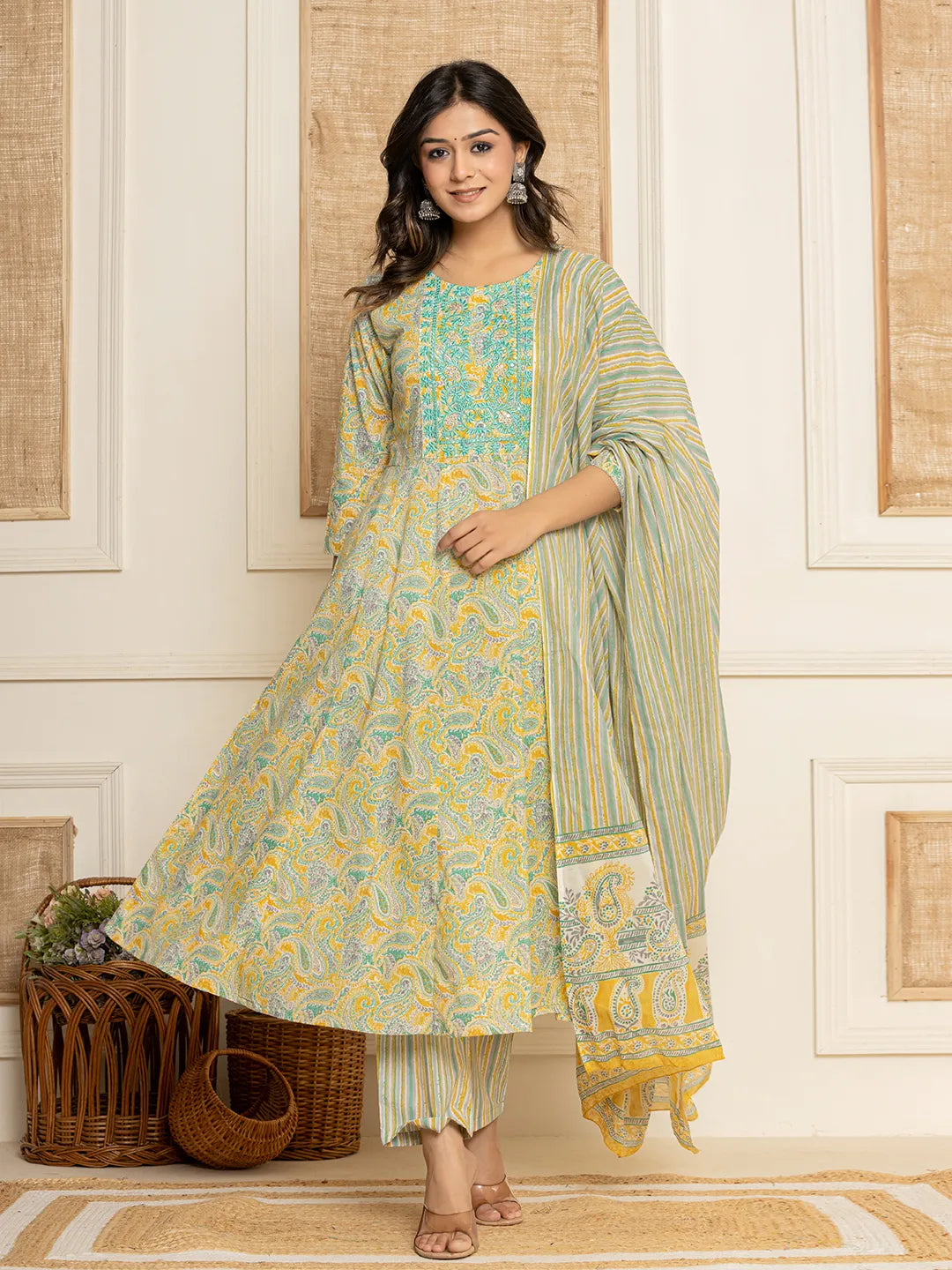 Yufta Mustard Thread_Work Cotton Anarkali Kurta And Trousers With Dupatta Set | Grocsy
