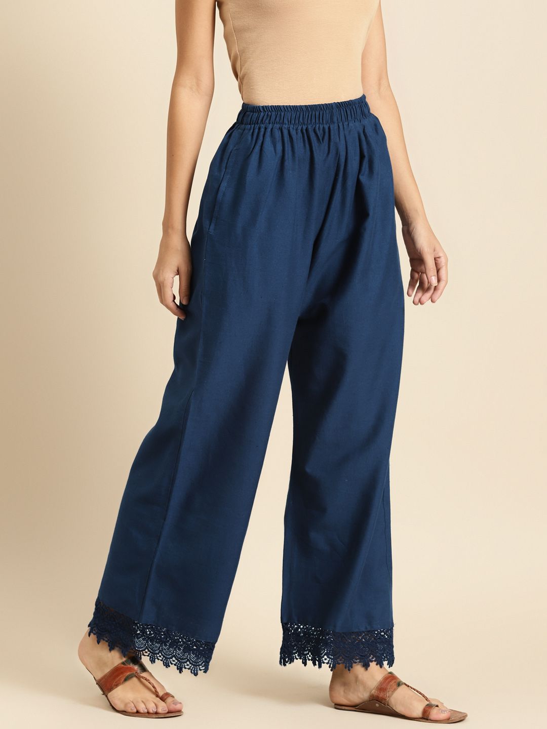 TAG 7 Women Navy Blue Hem Design Straight Palazzos | Grocsy