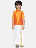 Sethukrishna Boys Orange & White Solid Shirt with Pure Cotton Dhoti Set | Grocsy