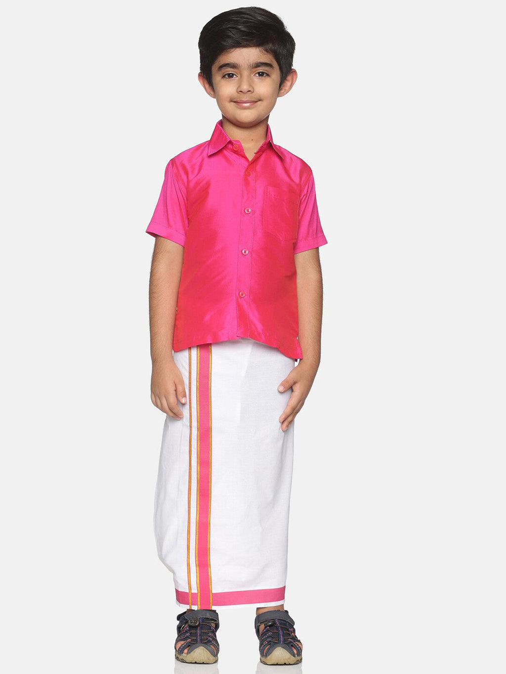 Sethukrishna Boys Pink & White Solid Shirt and Veshti Set | Grocsy