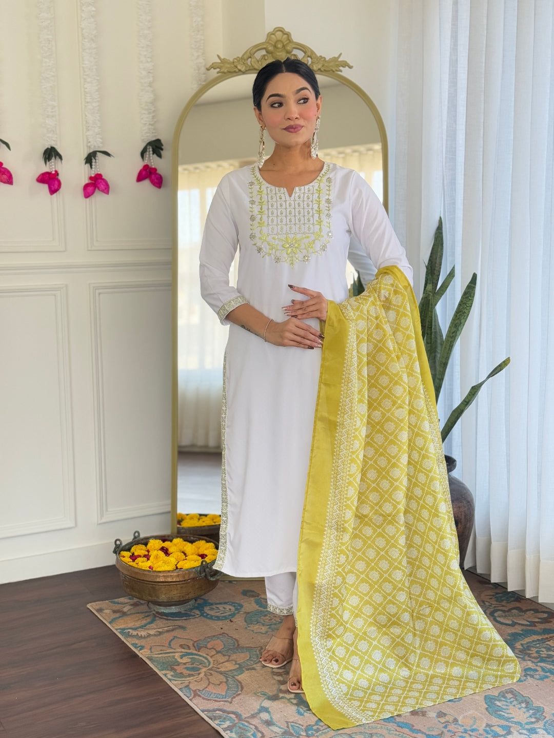 The52 Women's Beautiful Viscose Embroidery work Straight Kurta with Pant and Dupatta Set | Grocsy