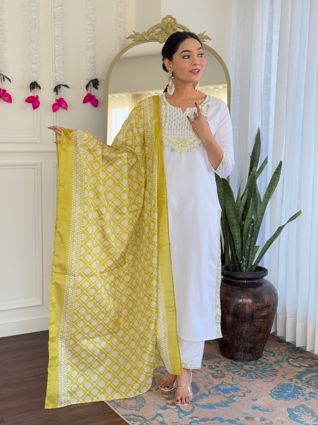 The52 Women's Beautiful Viscose Embroidery work Straight Kurta with Pant and Dupatta Set | Grocsy