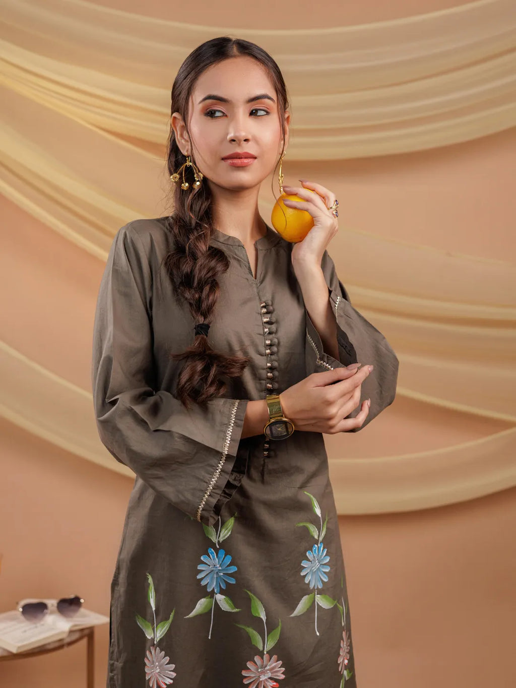 Yufta Military Green Hand Floral Print Cotton Straight Kurta | Grocsy