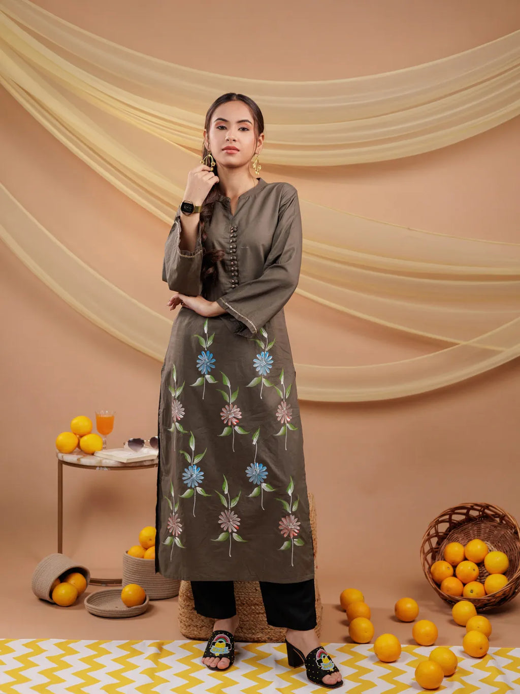 Yufta Military Green Hand Floral Print Cotton Straight Kurta | Grocsy