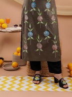 Yufta Military Green Hand Floral Print Cotton Straight Kurta | Grocsy