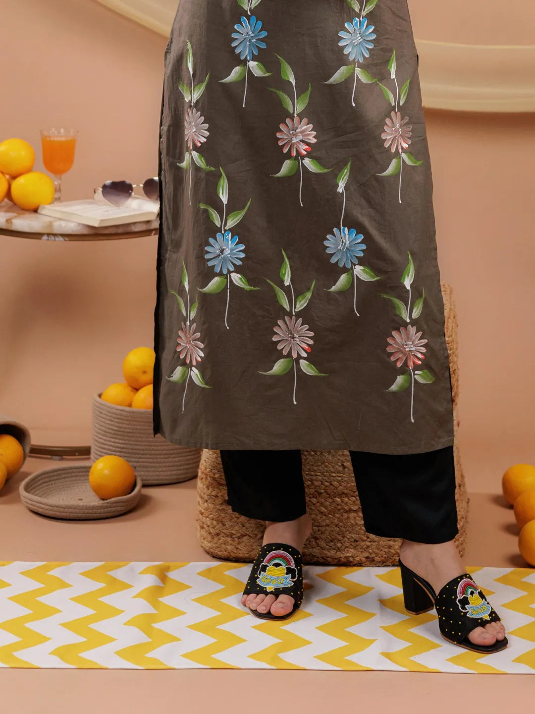 Yufta Military Green Hand Floral Print Cotton Straight Kurta | Grocsy