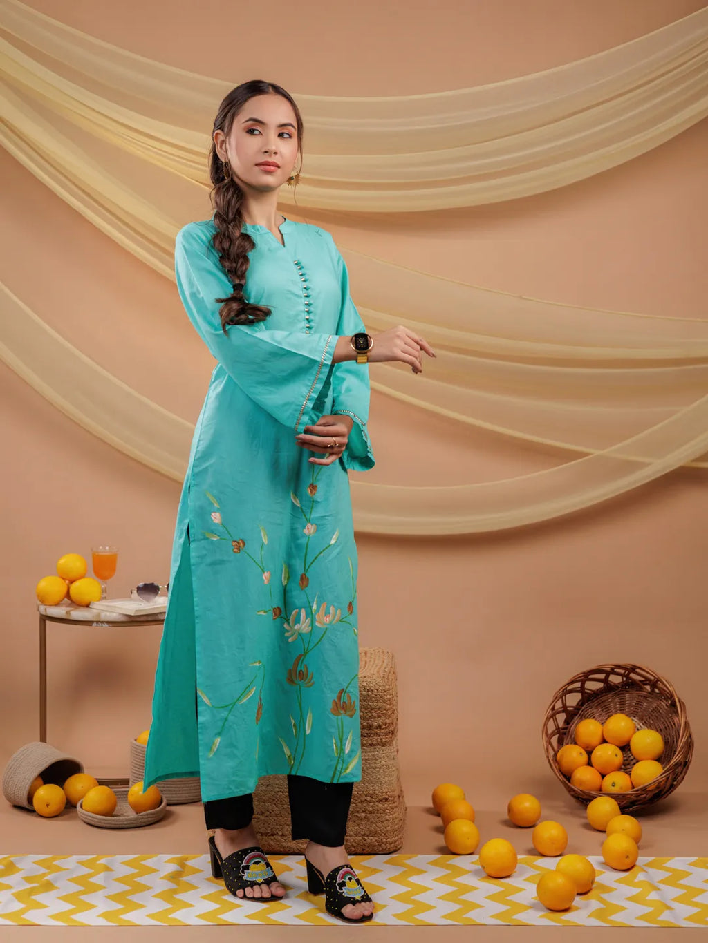 Yufta Sea Green Hand Floral Print Cotton Straight Kurta | Grocsy