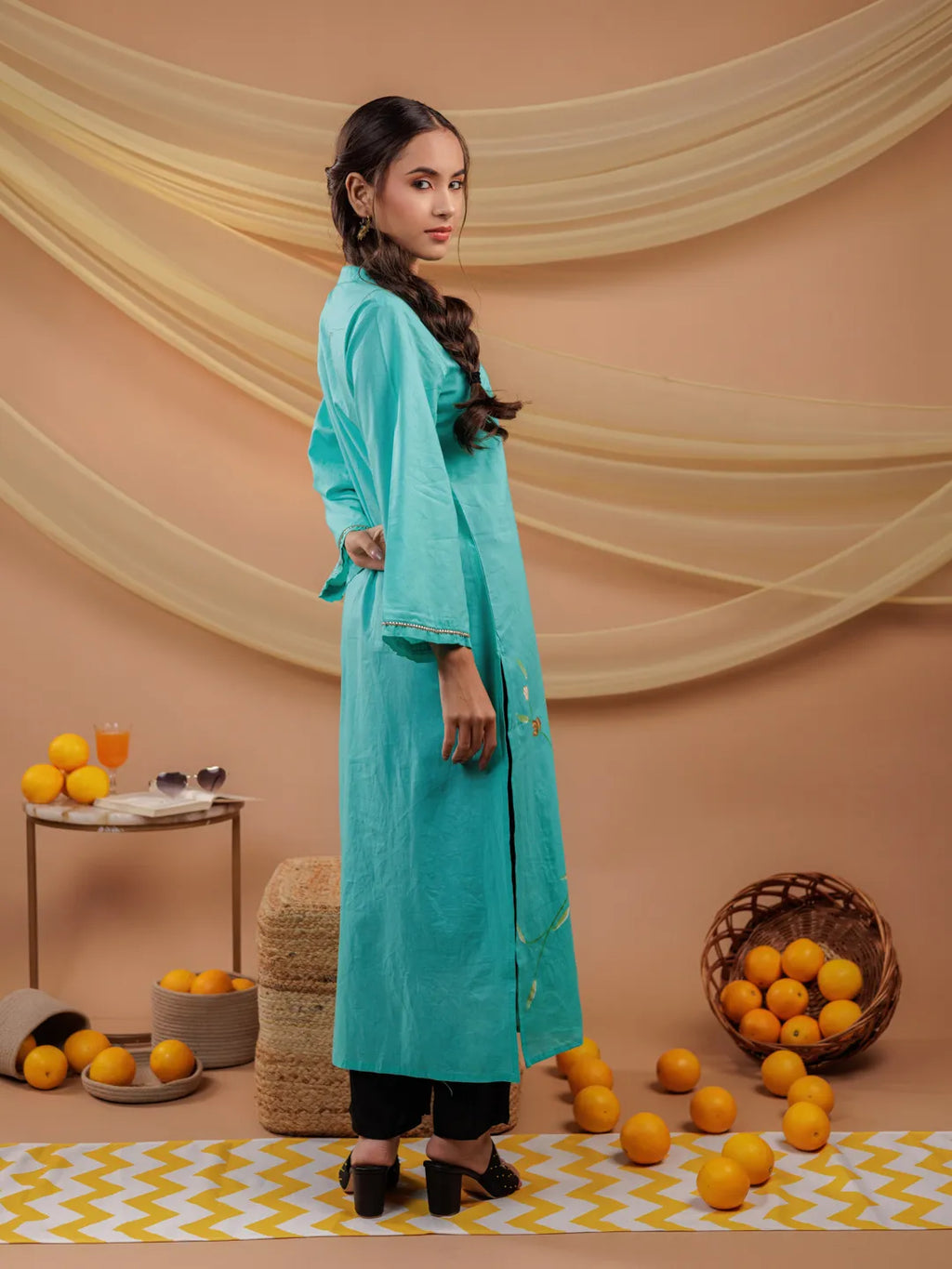 Yufta Sea Green Hand Floral Print Cotton Straight Kurta | Grocsy