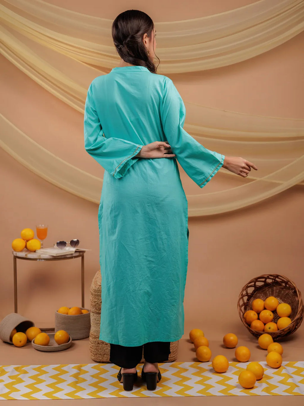 Yufta Sea Green Hand Floral Print Cotton Straight Kurta | Grocsy