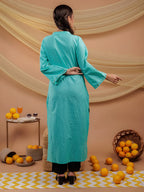 Yufta Sea Green Hand Floral Print Cotton Straight Kurta | Grocsy