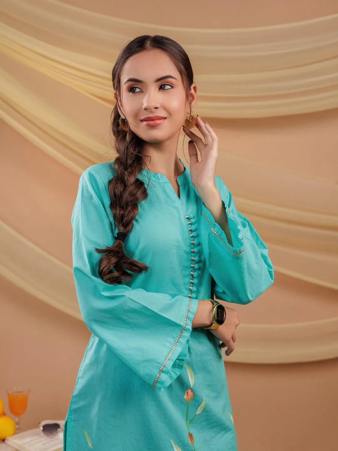 Yufta Sea Green Hand Floral Print Cotton Straight Kurta | Grocsy