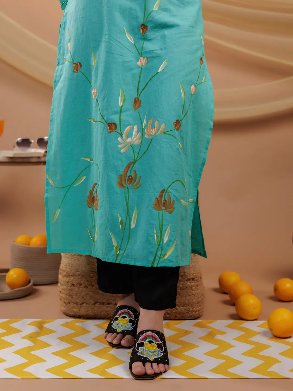 Yufta Sea Green Hand Floral Print Cotton Straight Kurta | Grocsy