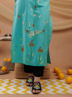 Yufta Sea Green Hand Floral Print Cotton Straight Kurta | Grocsy