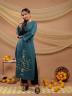 Yufta Teal Blue Hand Floral Print Cotton Straight Kurta | Grocsy