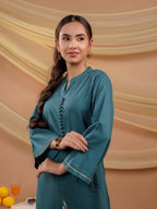 Yufta Teal Blue Hand Floral Print Cotton Straight Kurta | Grocsy
