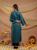 Yufta Teal Blue Hand Floral Print Cotton Straight Kurta | Grocsy