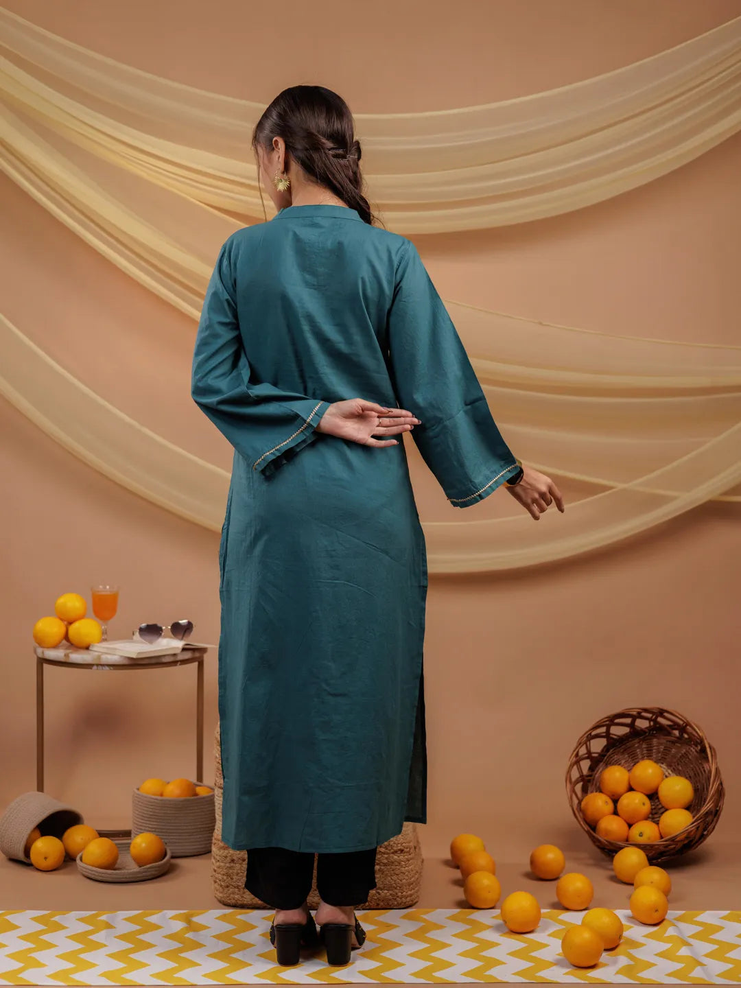 Yufta Teal Blue Hand Floral Print Cotton Straight Kurta | Grocsy