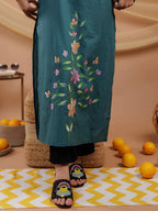 Yufta Teal Blue Hand Floral Print Cotton Straight Kurta | Grocsy