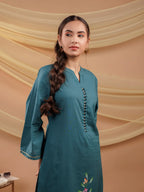 Yufta Teal Blue Hand Floral Print Cotton Straight Kurta | Grocsy