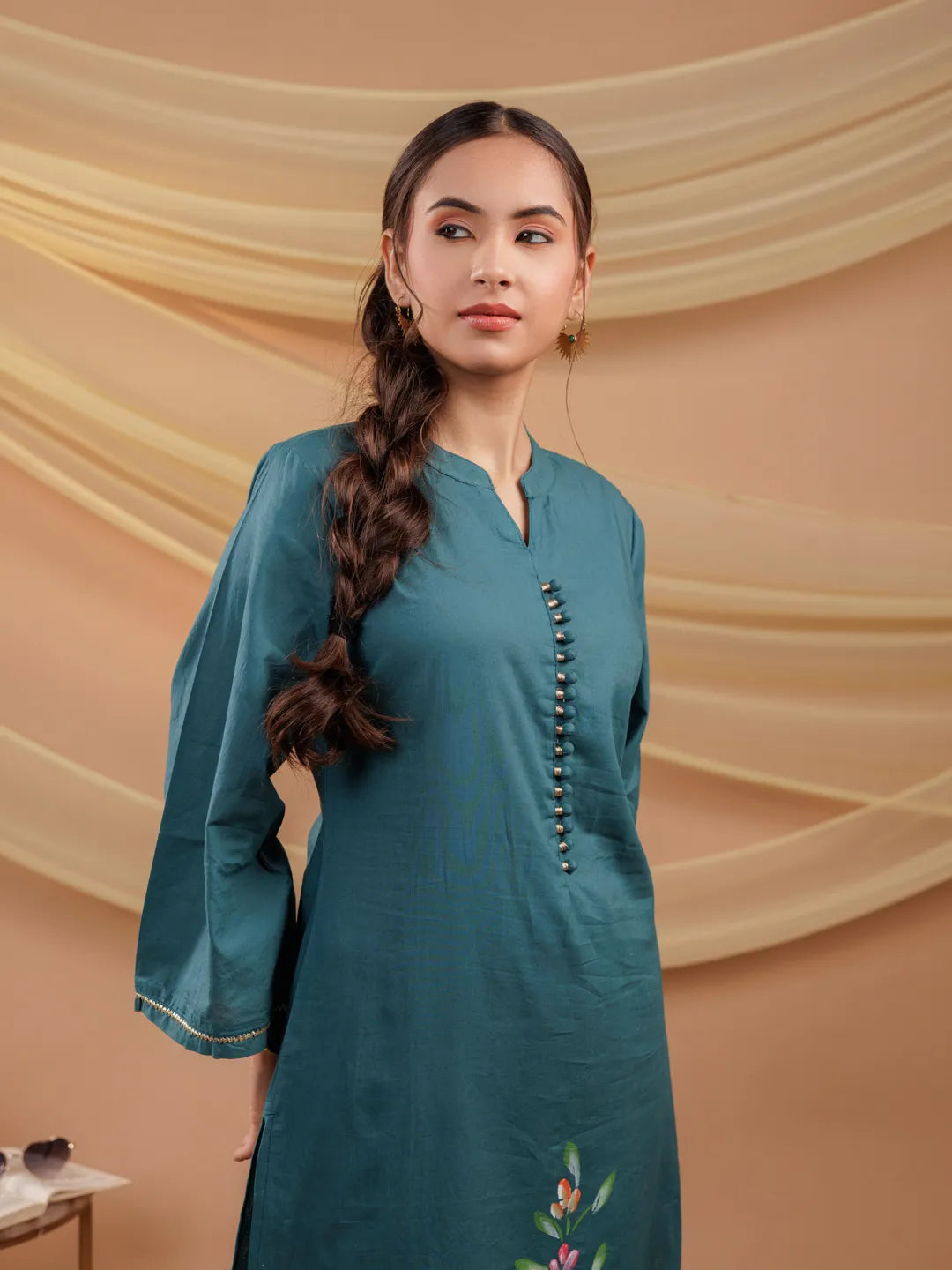 Yufta Teal Blue Hand Floral Print Cotton Straight Kurta | Grocsy