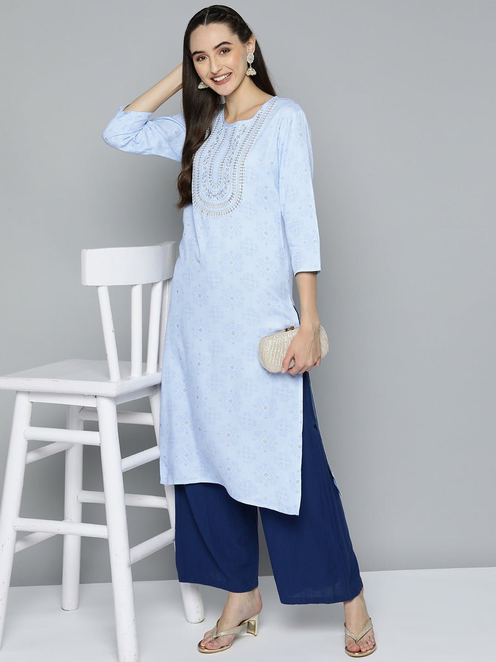 HERE&NOW Women Blue Ethnic Motifs Printed Embroidered Sequin Detail Kurta | Grocsy