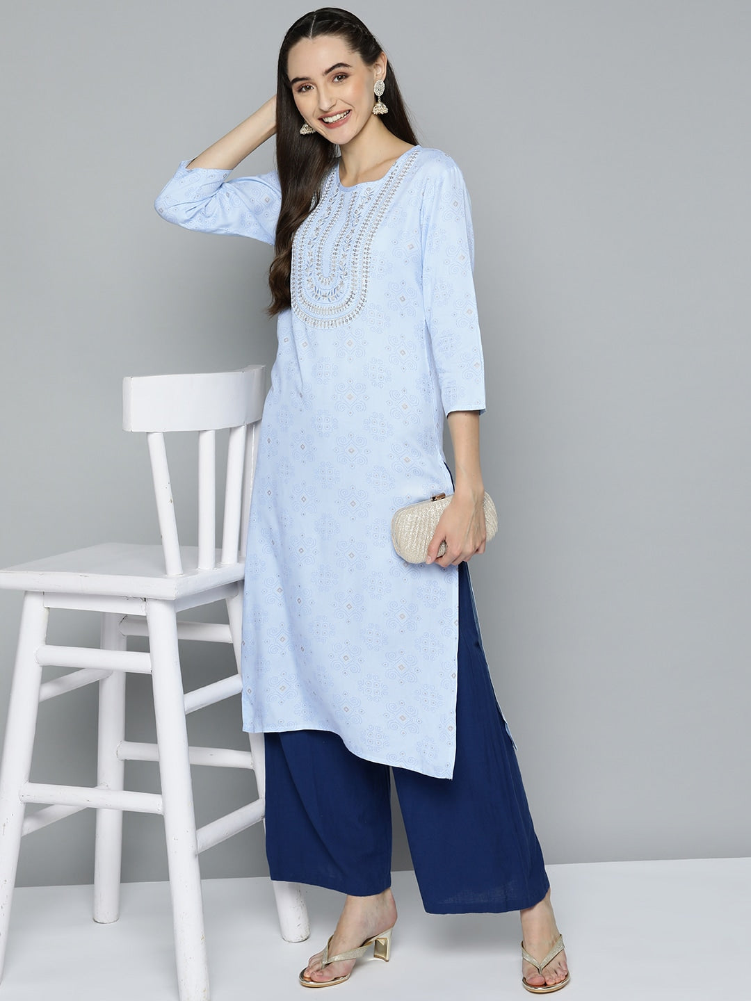HERE&NOW Women Blue Ethnic Motifs Printed Embroidered Sequin Detail Kurta | Grocsy