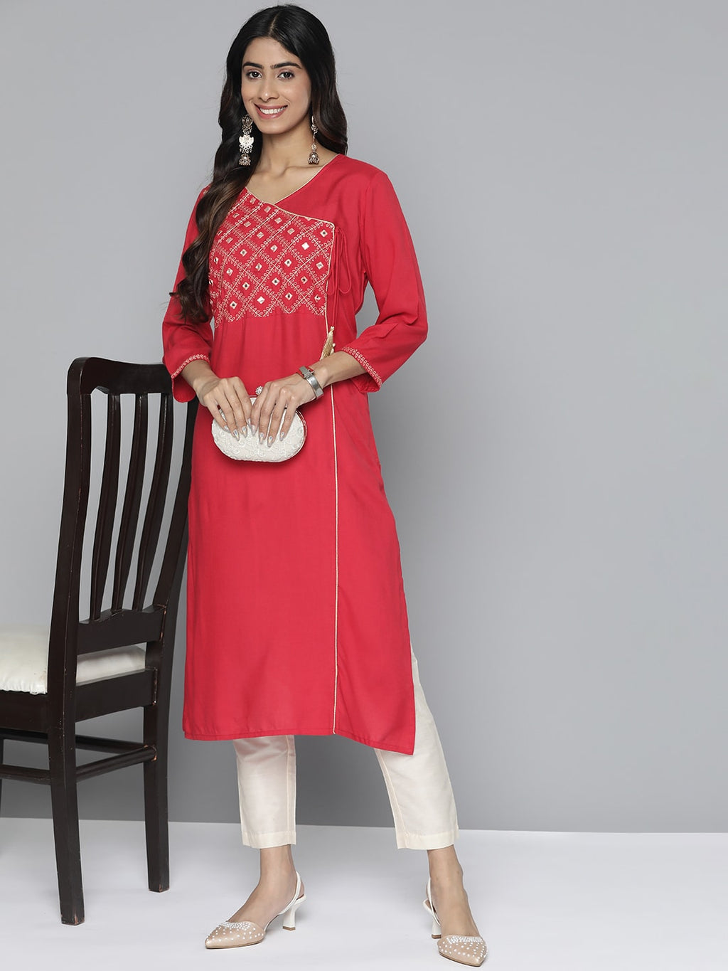HERE&NOW Women Pure Cotton Ethnic Motifs Mirror Work Angrakha Kurta | Grocsy