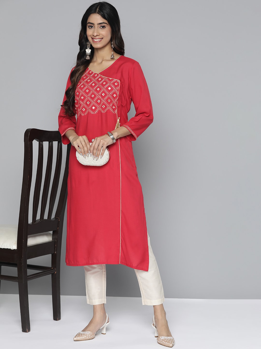 HERE&NOW Women Pure Cotton Ethnic Motifs Mirror Work Angrakha Kurta | Grocsy