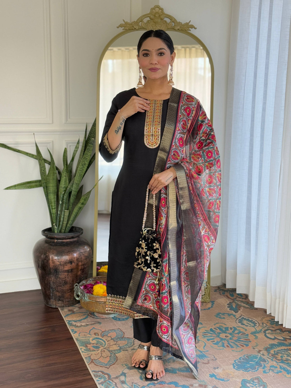 The52 Women's Viscose Embroidery work Straight Kurta with Pant and Dupatta Set | Grocsy