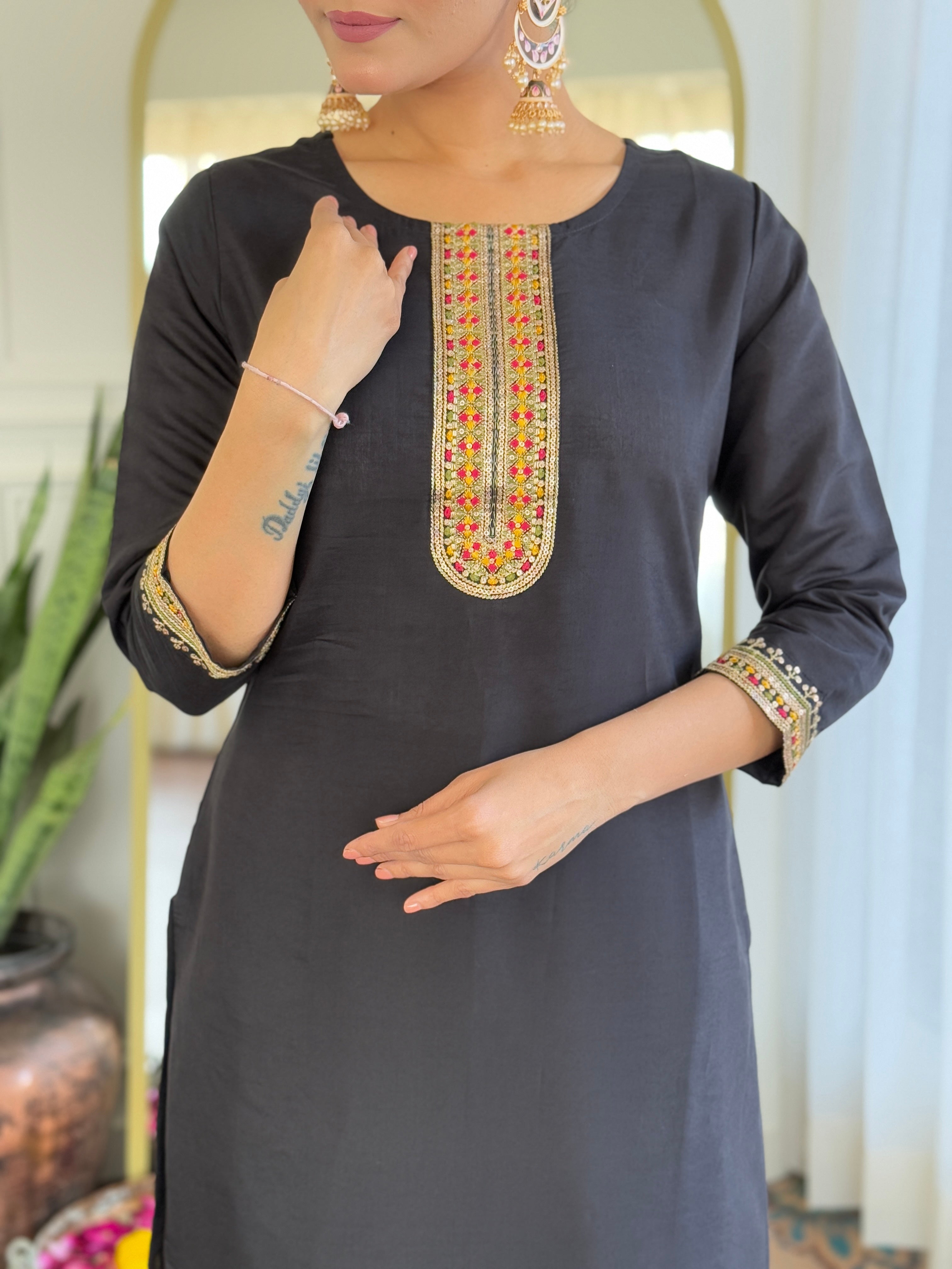 The52 Women's Viscose Embroidery work Straight Kurta with Pant and Dupatta Set | Grocsy