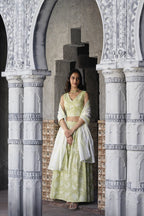 Ahalyaa Pure Cotton Green & White Printed Khari Print Ready to Wear Lehenga & Blouse With Dupatta | Grocsy