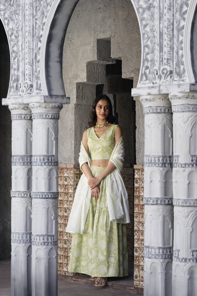 Ahalyaa Pure Cotton Green & White Printed Khari Print Ready to Wear Lehenga & Blouse With Dupatta | Grocsy