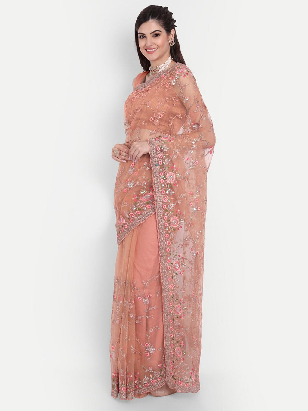 kasee Women Peach-Coloured Floral Embroidered Net Saree | Grocsy