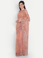kasee Women Peach-Coloured Floral Embroidered Net Saree | Grocsy