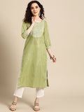 Sangria Women Olive Green Floral Yoke Design Thread Work Pastels Kurta | Grocsy