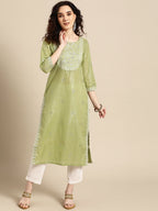 Sangria Women Olive Green Floral Yoke Design Thread Work Pastels Kurta | Grocsy
