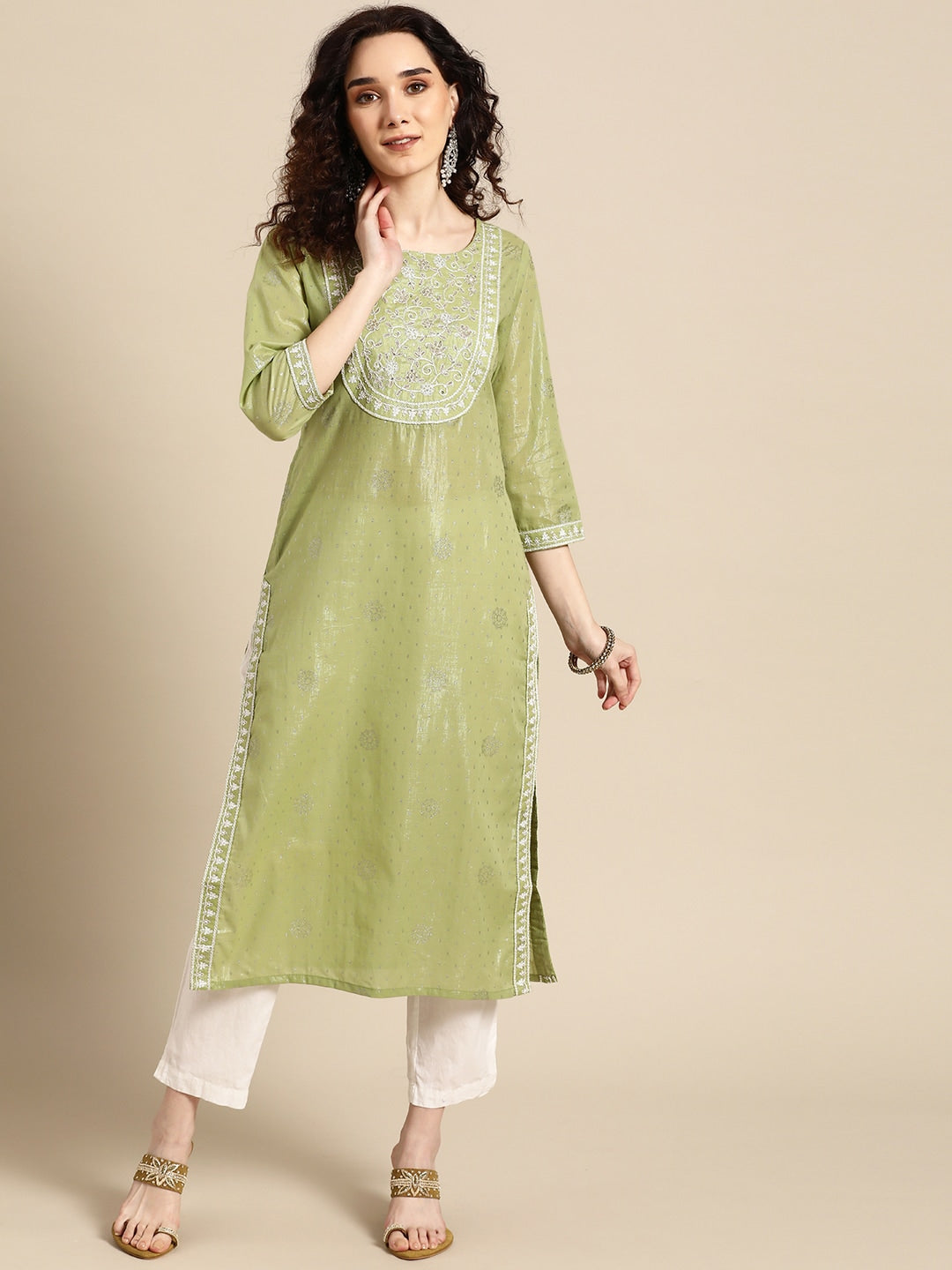 Sangria Women Olive Green Floral Yoke Design Thread Work Pastels Kurta | Grocsy