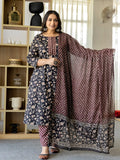 Yufta Piping On Yoke Floral Print Black Cotton Plus Size Kurta Set With Dupatta Set | Grocsy