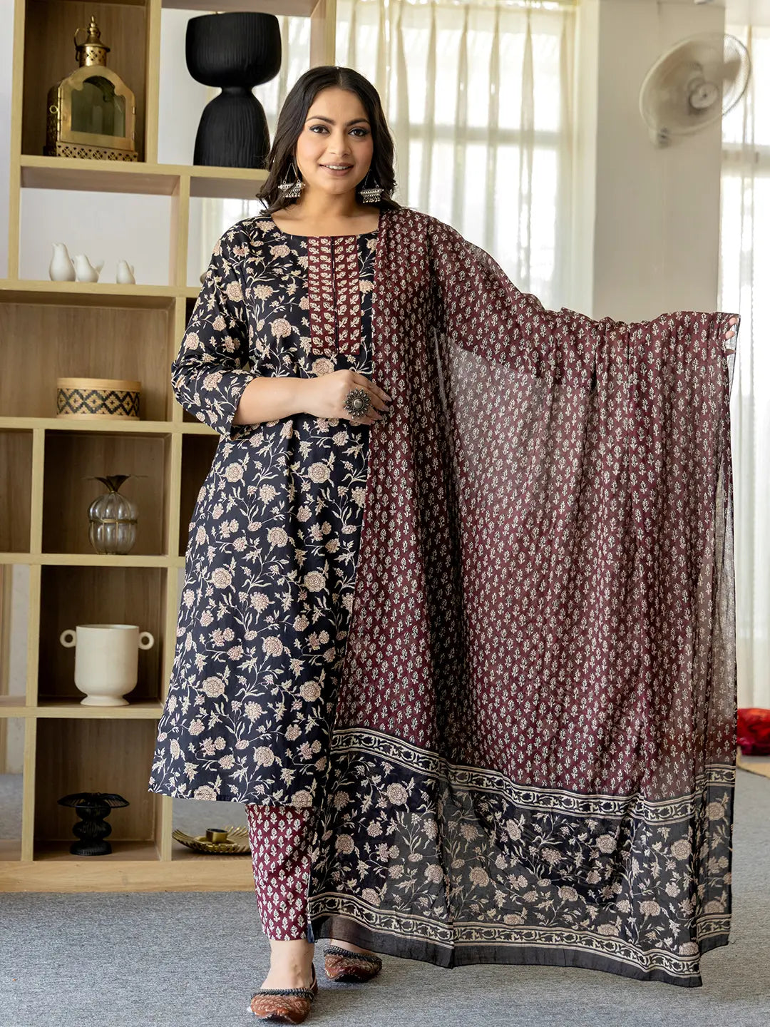 Yufta Piping On Yoke Floral Print Black Cotton Plus Size Kurta Set With Dupatta Set | Grocsy