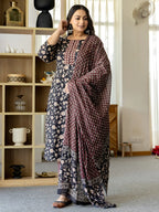 Yufta Piping On Yoke Floral Print Black Cotton Plus Size Kurta Set With Dupatta Set | Grocsy