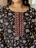 Yufta Piping On Yoke Floral Print Black Cotton Plus Size Kurta Set With Dupatta Set | Grocsy