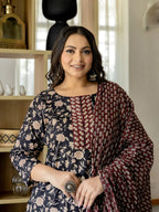 Yufta Piping On Yoke Floral Print Black Cotton Plus Size Kurta Set With Dupatta Set | Grocsy