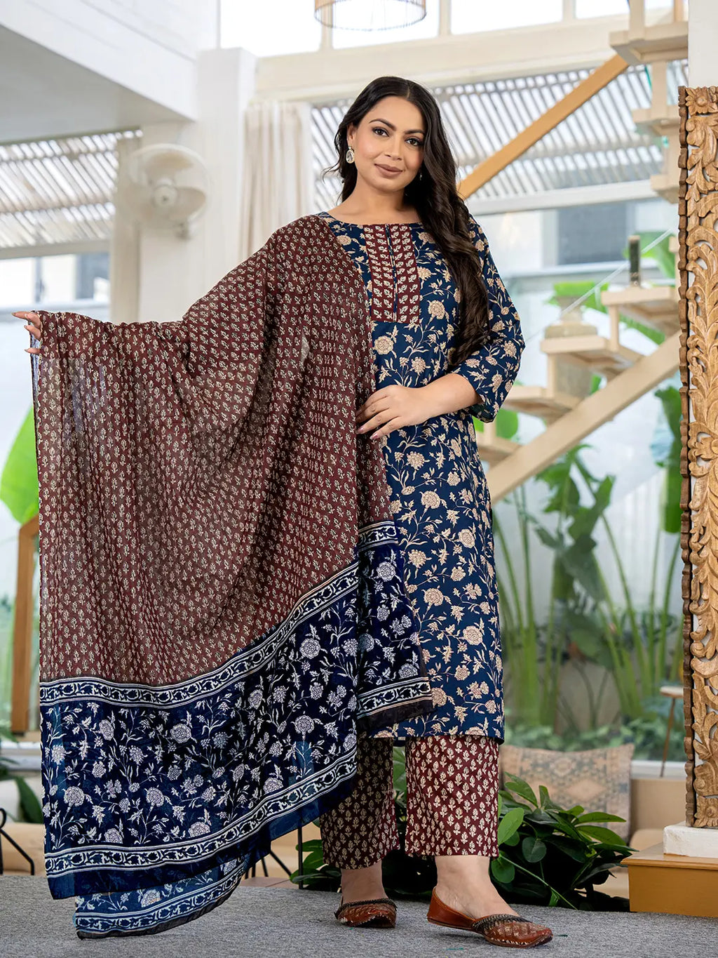 Yufta Piping On Yoke Floral Print Blue Cotton Plus Size Kurta Set With Dupatta Set | Grocsy