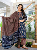 Yufta Piping On Yoke Floral Print Blue Cotton Plus Size Kurta Set With Dupatta Set | Grocsy
