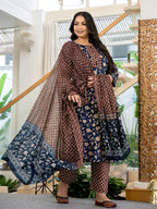 Yufta Piping On Yoke Floral Print Blue Cotton Plus Size Kurta Set With Dupatta Set | Grocsy